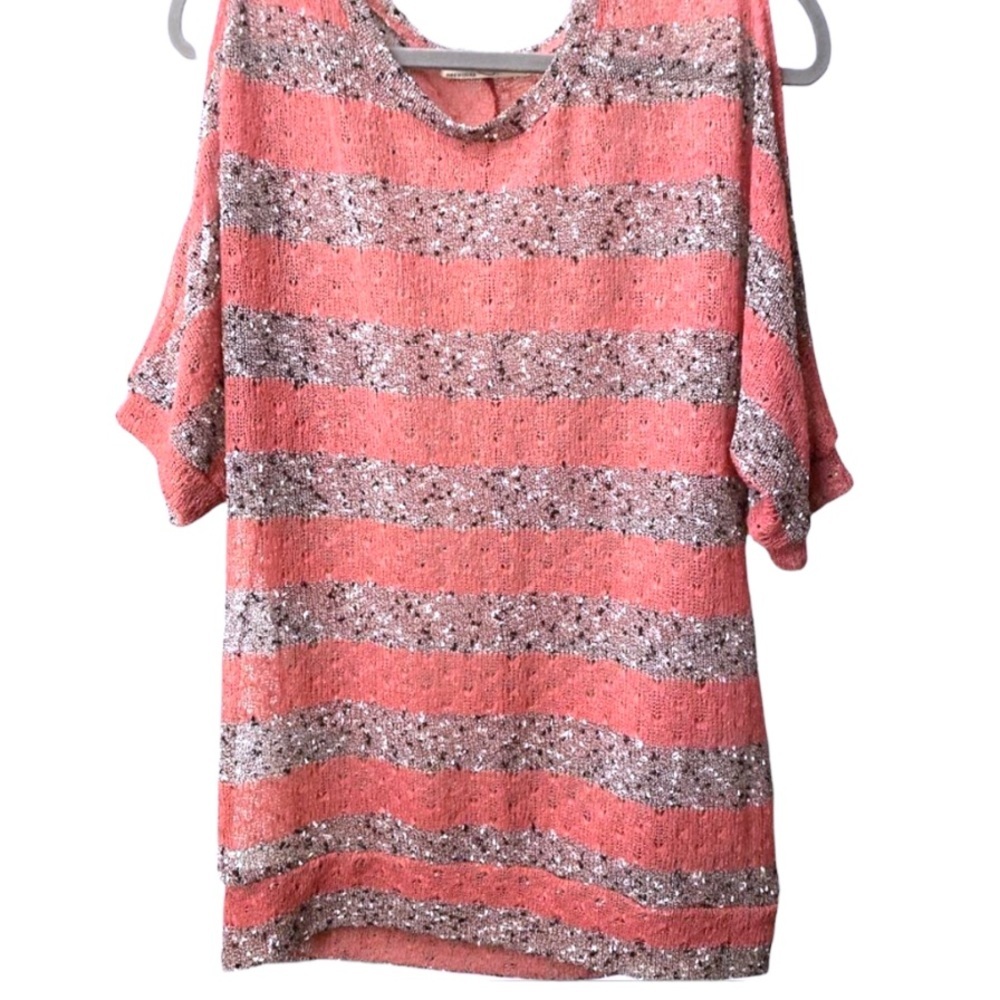 ROMY Pink Nubby Knit Striped Split Flutter Sleeve Blouse